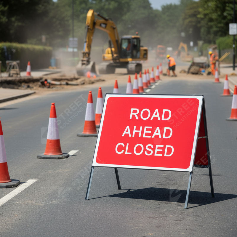 Dim Gray Heavy Duty Road Ahead Closed Metal Sign - 1050mm x 750mm
