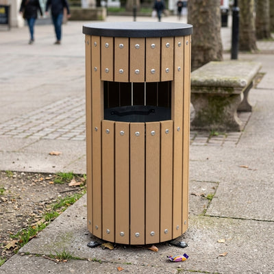 Round wood-effect waste bin 33 litre powder-coated steel