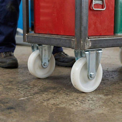 80mm Pressed Steel Fixed Castor with White Nylon Wheel, 4-Hole Top Plate - 120kg Load Capacity