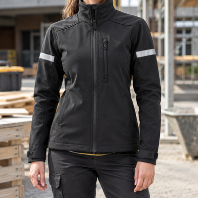 Women's Softshell Work Jacket with Windproof Collar - Black