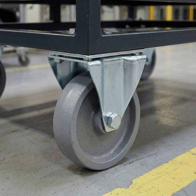 80mm Pressed Steel Fixed Castor - Grey Cast Iron Wheel & 4-Bolt-Hole - 120kg Load Capacity