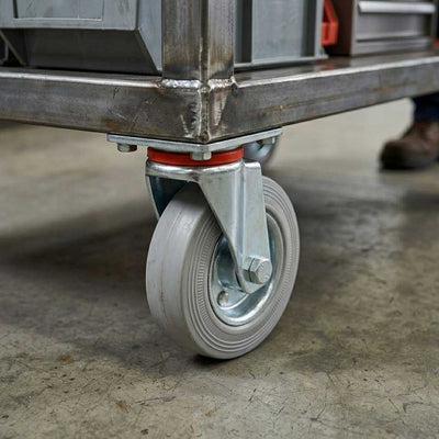 80mm Pressed Steel Swivel Castor Wheel - Grey Rubber - 4-Hole Top Plate - 60kg Load Capacity