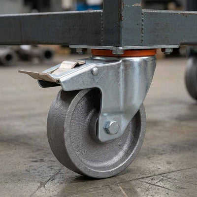 80mm Pressed Steel Swivel Castor with Brake - Grey Cast Iron Wheel & 4-Hole Plate - 120kg Max Load