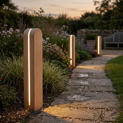 Larch timber LED bollard with domed design and light band