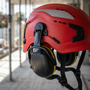 Red Vented Helmet and Hearing Protection Combination