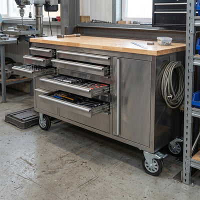 Mobile Stainless Steel 10 Drawer Tool Cabinet with Wood Worktop
