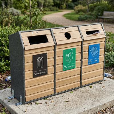 Triple recycling unit with timber front, 294 litre capacity