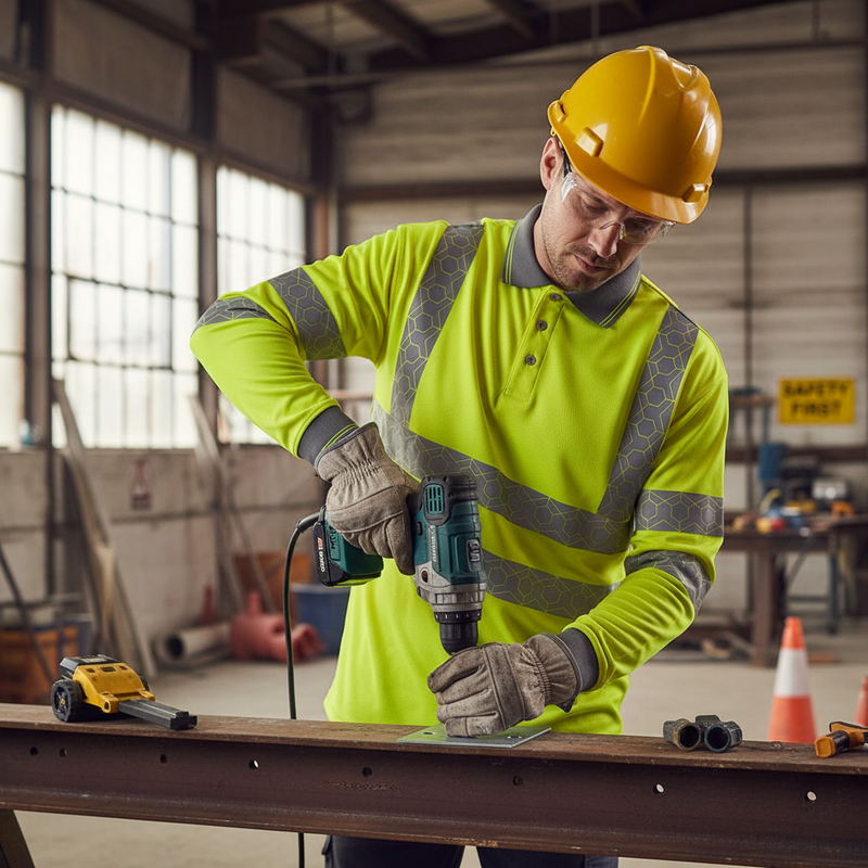 Dark Olive Green Premium Hi-Vis Long Sleeve Recyclable Polo Shirt - Bright Yellow