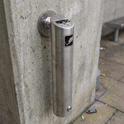 Brushed aluminium wall-mounted cylindrical cigarette bin