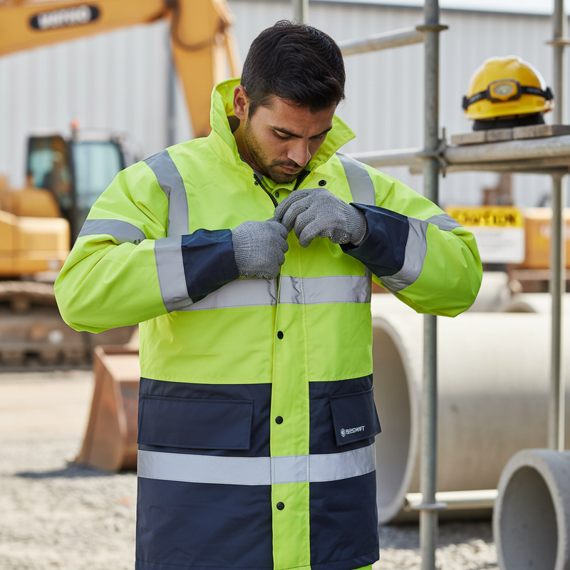 Dark Sea Green High-Visibility Two-Tone Traffic Jacket with Concealed Hood - Heavy Duty