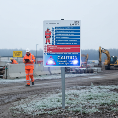 Premium Ice Warning Flashing LED Safety Sign with Health & Safety Notice