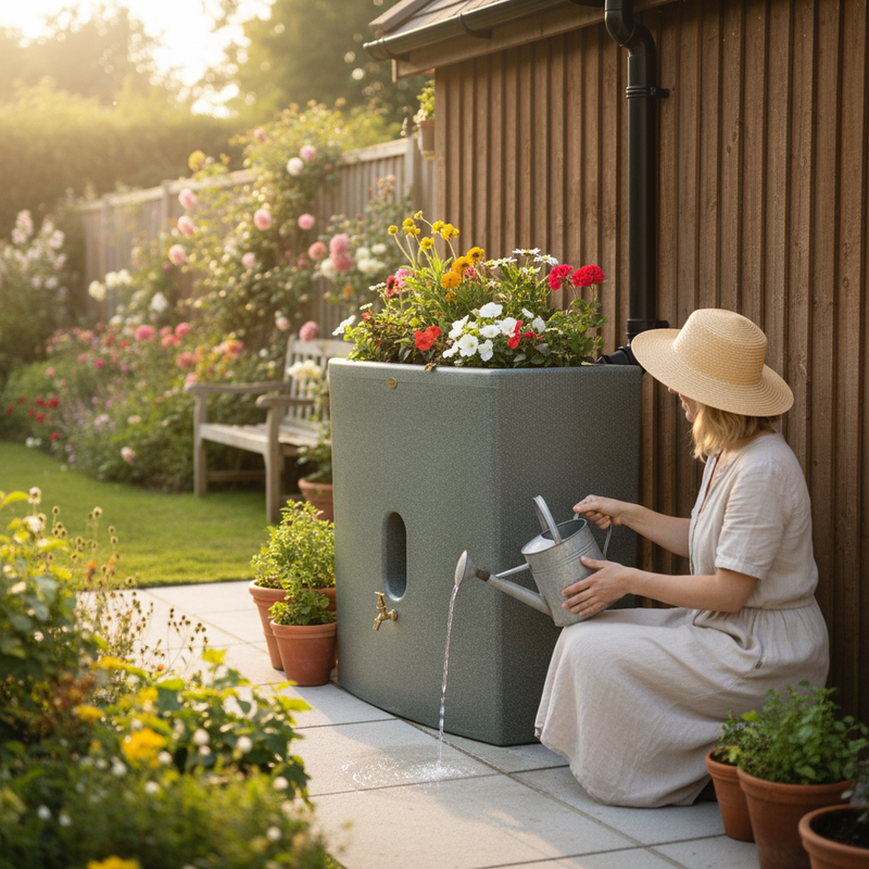 Dark Olive Green Premium 375 Litre Water Butt with Double Planter for Garden Use