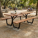 Picnic table with cast steel frame and exotic wood seats