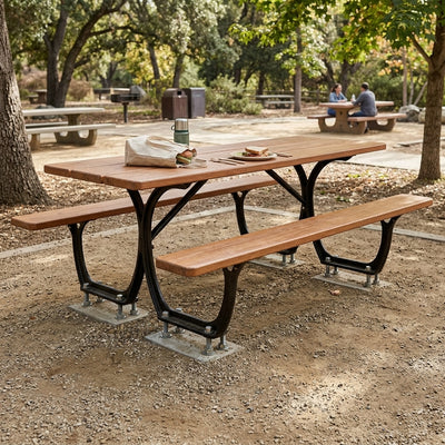 Picnic table with cast steel frame and exotic wood seats