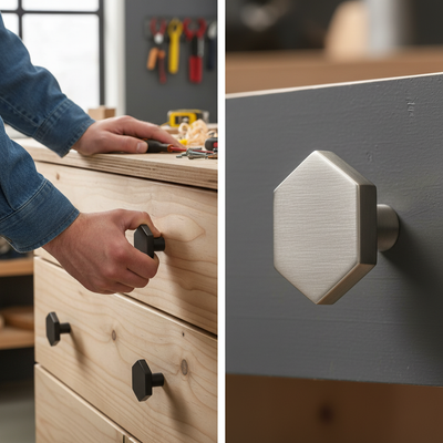 Premium 10 Pack Modern Hexagonal Knobs 35mm - Durable Zinc Construction with Satin Nickel Finish for Kitchen and Furniture