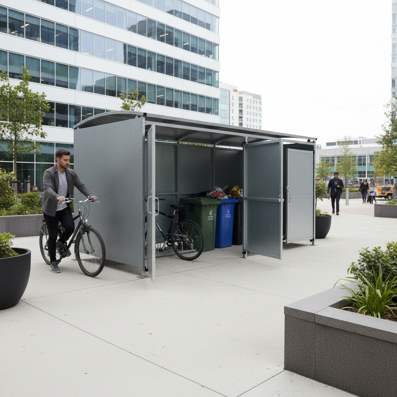 Light Gray Premium Bin and Cycle Shelter with Galvanised Clad Doors - Modular Design