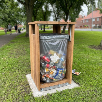 Iroko Hardwood Litter Bin – 98 Litre with Steel Frame