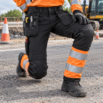 Class 1 Hi-Vis Work Trousers with Tool Pockets - Black/Hi-Vis Orange