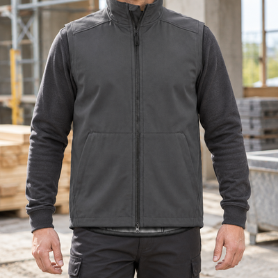 Windproof Soft Shell Work Vest with High Collar - Steel Grey