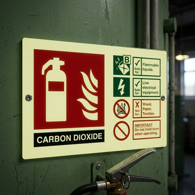 Glow in the Dark CO2 Fire Extinguisher Sign 105×155mm PVC