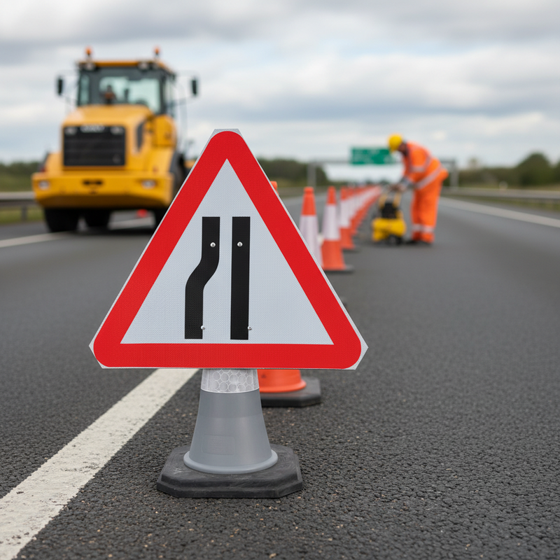 Dim Gray 750mm Triangle Cone Sign - Road Narrows Left - Heavy Duty Warning Sign