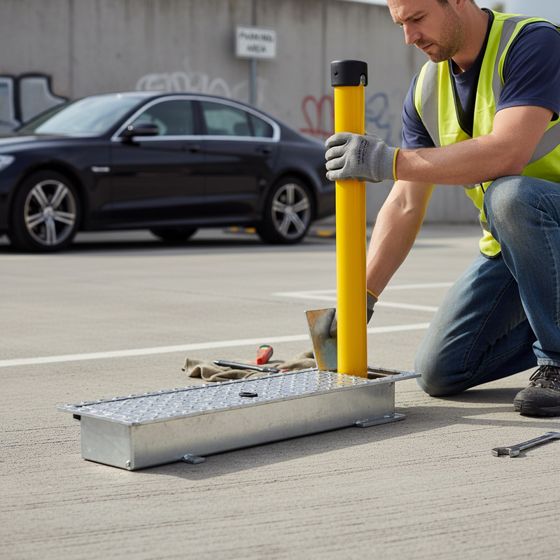 Dark Gray Heavy Duty Folding Parking Post for Secure Vehicle Management