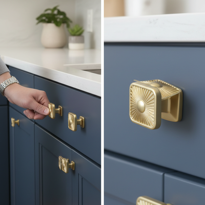 Premium 10 Pack Ribbed Square Knobs 35mm Brushed Brass Finish for Cabinets and Drawers