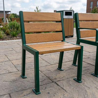 Wood and steel outdoor chair with oak seat and steel frame