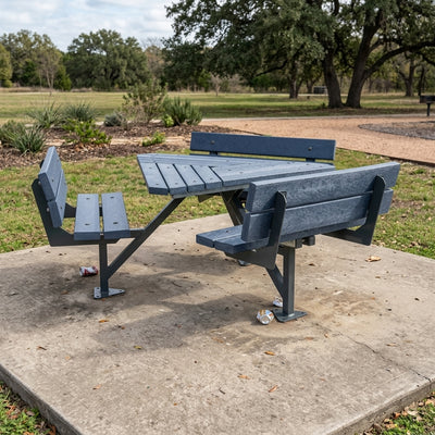 Triangle 9-person picnic table with steel frame and recycled plastic boards