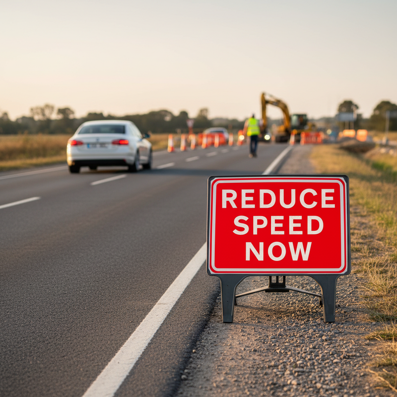 Dim Gray Premium Reduce Speed Now Sign - 1050x750mm for Traffic Safety