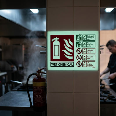 Glow in the Dark Wet Chemical Fire Extinguisher Sign – 105×155mm PVC