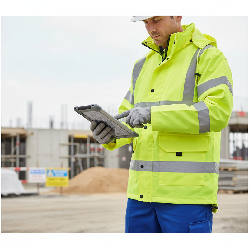 Light Gray High-Visibility Jacket with Fixed Hood and Waterproof Fabric