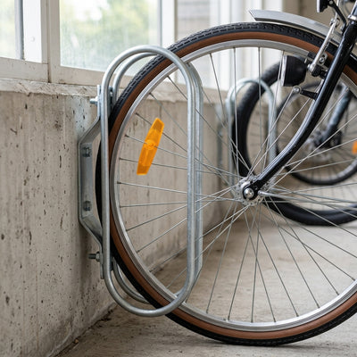 Wall-mounted cycle rack, galvanised steel, 50mm tyre width