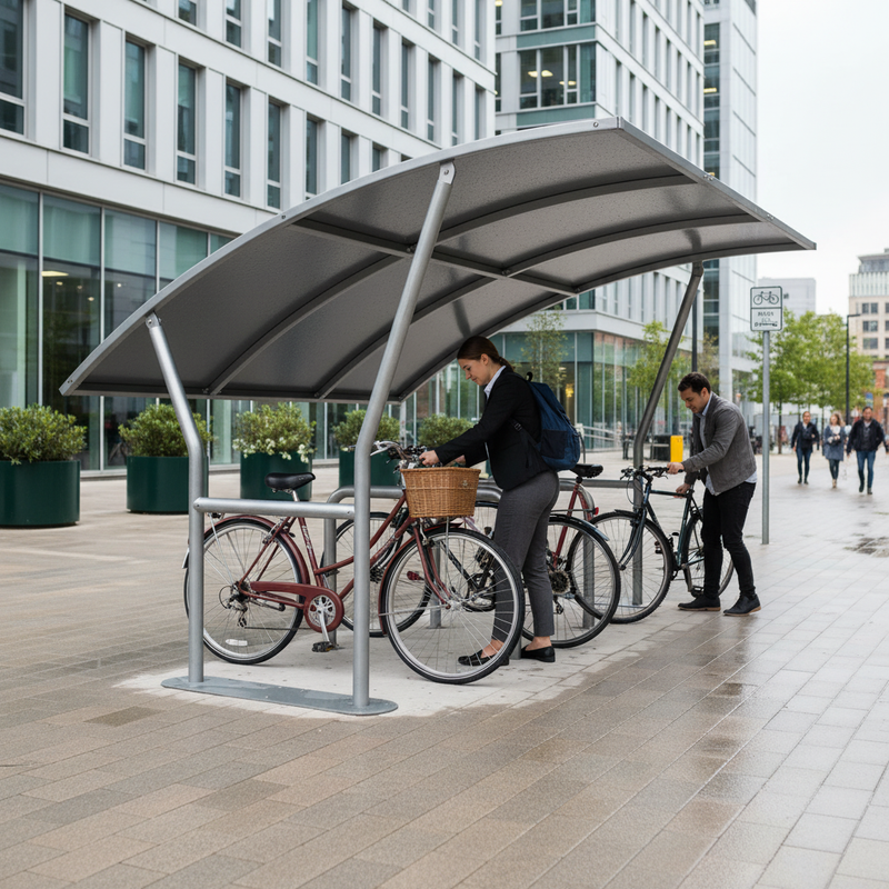 Gray Premium Cycle Shelter with Galvanised Curved Roof and Extension Bays
