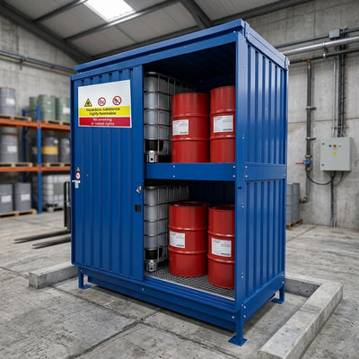 Two-level steel bunded store, 4 IBC / 16 drum capacity, 1250L containment