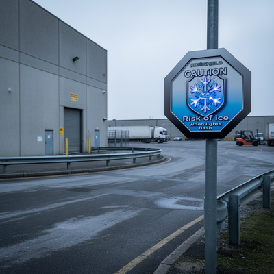 Premium Flashing LED Safety Sign - Octagon Shaped Ice Warning