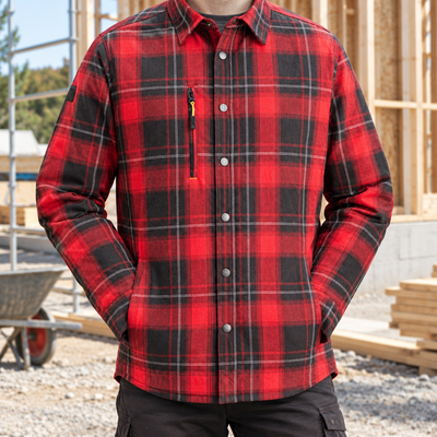 Insulated Cotton and Nylon Work Shirt with Pile Lining - Red/Black