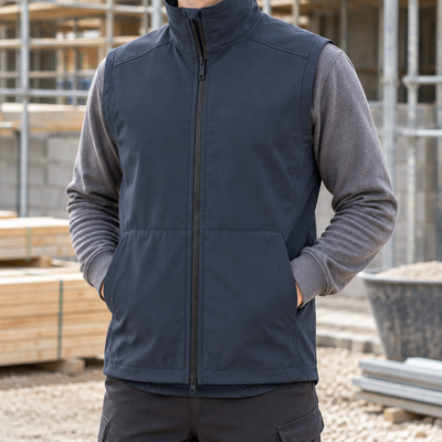 Windproof Soft Shell Work Vest with High Collar - Navy