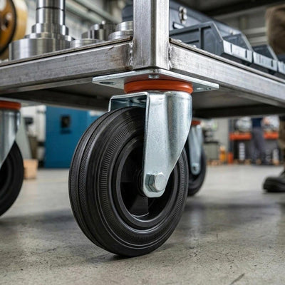 125mm Pressed Steel Swivel Castor with Black Rubber on Polypropylene Wheel - 110kg Load Capacity
