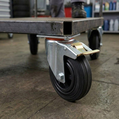 150mm Pressed Steel Swivel Castor, Black Rubber on Polypropylene Wheel, Directional Brake - 130kg Load