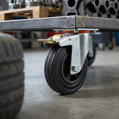 125mm Pressed Steel Swivel Castor, Black Rubber on Polypropylene Wheel, Directional Brake - 110kg Load