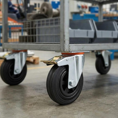 80mm Pressed Steel Swivel Castor, Black Rubber on Polypropylene Wheel, Directional Brake - 60kg Load