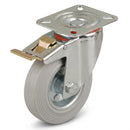 Pressed Steel Braked Swivel Castors with Grey Rubber on Pressed Steel Wheel
