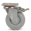 Pressed Steel Braked Swivel Castors with Grey Rubber on Pressed Steel Wheel