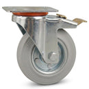 Pressed Steel Braked Swivel Castors with Grey Rubber on Pressed Steel Wheel