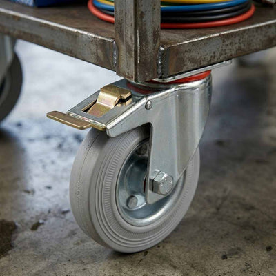 Pressed Steel Braked Swivel Castors with Grey Rubber on Pressed Steel Wheel - 80mm to 200mm