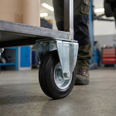 Pressed Steel Fixed Castors with Black Rubber on Pressed Steel Wheel - 80mm to 200mm