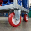 Slate Gray Pressed Steel Fixed Castors with Red Thermoplastic on White Nylon Wheel - 80mm-150mm