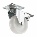 White Smoke 75mm Pressed Steel Swivel Castor Wheel with Brake - White Nylon Wheel & 4-Hole Top Plate - 75kg Load