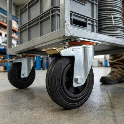 100mm Pressed Steel Swivel Castor, Black Rubber on Polypropylene Wheel, Directional Brake - 75kg Load